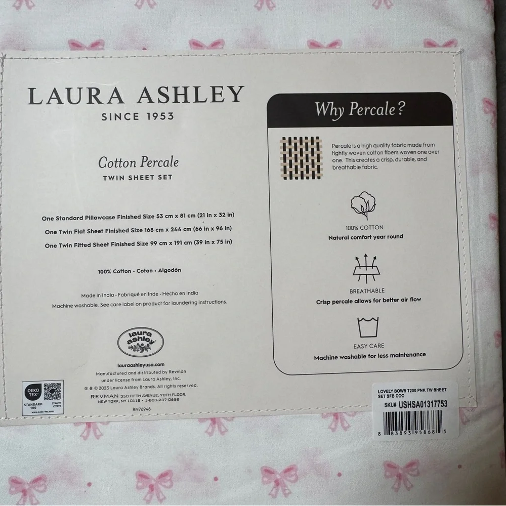 NEW Laura Ashley LOVELY BOWS Pink/White 3pc Twin Sheet‎ Set